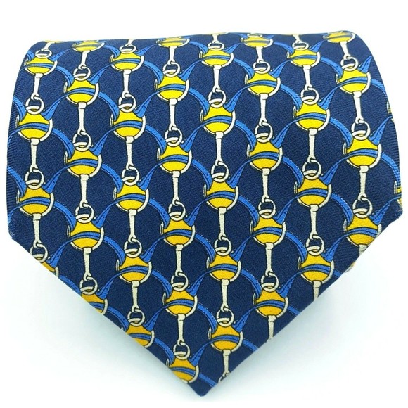 BROOKS BROTHERS MAKERS All Silk Equestrian Motif Blue Yellow Necktie Made in USA - Picture 3 of 12